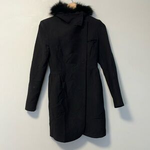 Pinko Black Fox Fur-Trimmed Virgin Wool Coat